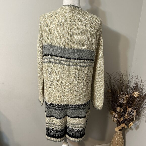Pol Women Multicolor Cable Open Knit Open Front Long Cardigan Sweater Sz L - Picture 2 of 6
